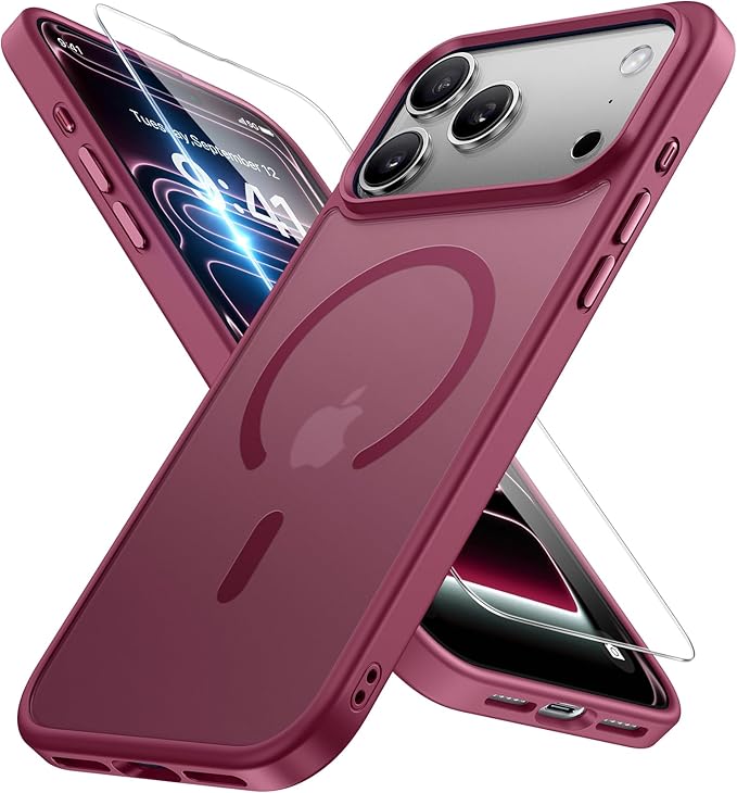Miracase Magnetic for iPhone 17 Pro Case 6.3" with Screen Protector, [Compatible with MagSafe] Military-Grade Protection, Anti-Fingerprint, Slim Thin Phone Case for 17 Pro Cover, Wine Red