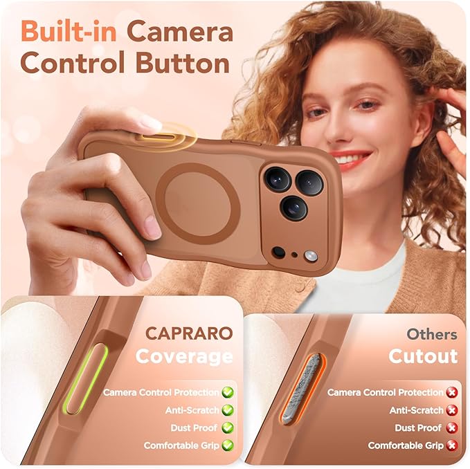 CAPRARO Magnetic for iPhone 17 Pro Case for Women Girls, Upgraded [Full Camera Protection] [Compatible with MagSafe] Cute Wave Translucent Matte Phone Case for iPhone 17 Pro, Dark Orange