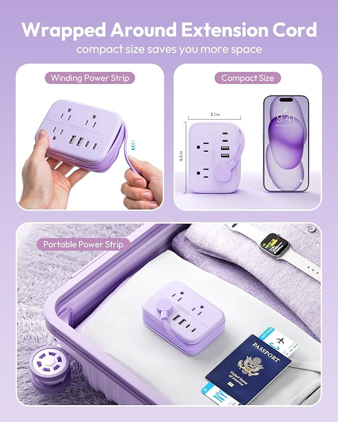NTONPOWER Purple Travel Power Strip, 6 Outlets 4 USB Ports(2 USB C), 4ft Purple Extension Cord Wrapped Around Small Power Strip, Compact for Travel, Hotel, Cruise Approved