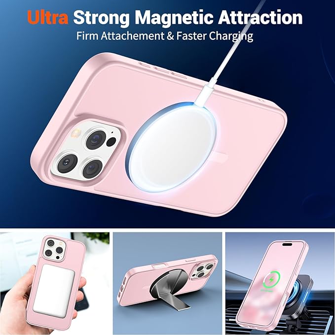 SUPFINE Magnetic for iPhone 16 Pro Case (Compatible with MagSafe) (Military Grade Drop Protection) Translucent Matte Shockproof Phone Cover,Light Pink