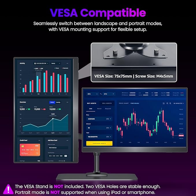 Upperizon Portable Monitor 15.6 inch 4K UHD 3840X2160 145% sRGB IPS HDR HDMI USB-C Travel Monitor for Laptop MacBook PC Surface PS5 Xbox, External Display with Kickstand & Speakers, VESA Compatible