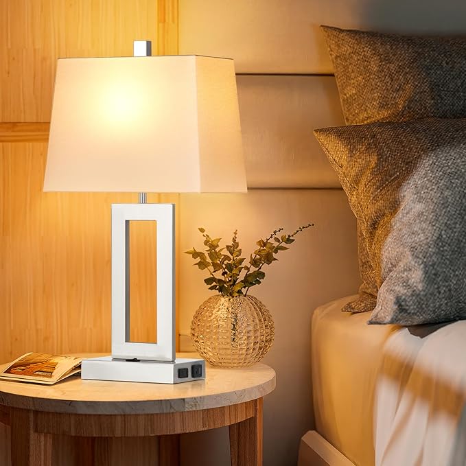 Cinkeda Table Lamp Set of 2 with USB C+A Ports & AC Outlet, Bedside Lamps, Modern Bedroom Lamps, Silver Lamps for Bedroom Living Room,Nightstand Lamp（Push Button Swich/NO dimming