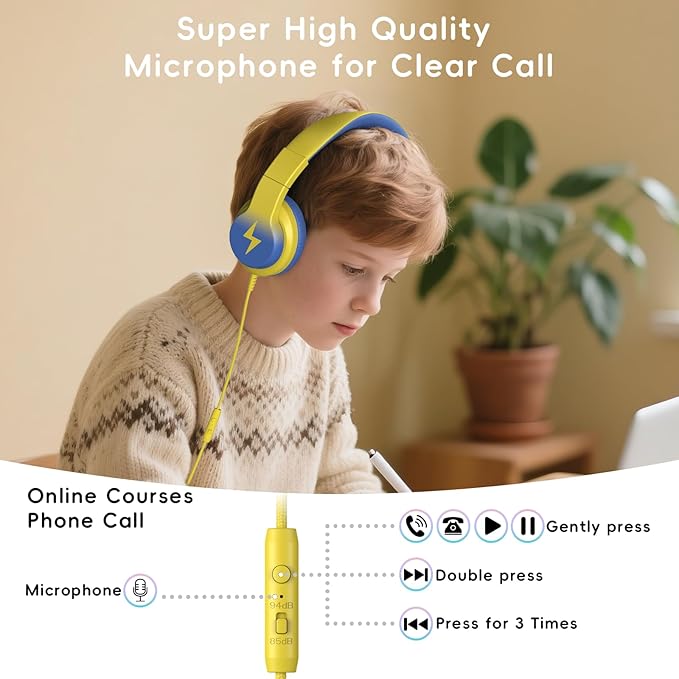 Candy Bila Kids Headphones, Wired Headphones for Kids Over Ear with Microphone, 85/94dB Volume Limiter Headphone for Girls Boys, Foldable Headphone for Learning & Entertainment, Light Yellow