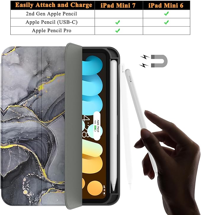 Soke Case for iPad mini 7(A17 Pro) 2024/iPad Mini 6 2021 8.3 inch with Pencil Holder-[Pencil Charging + Auto Wake/Sleep], Soft TPU Back Cover for iPad mini 7th/6th Generation(Black Marble)