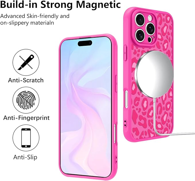 KANGHAR Case for iPhone 16 Pro Max Hot Pink Leopard Printed Pattern Cute Cheetah [Compatible with Magsafe] Protective Magnetic Case for Girls Women 6.9"