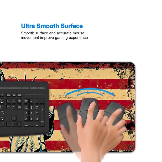 American Flag Desk Mat Vintage Statue Liberty Gaming Mouse Pad Mat with Stitched Edge Non-Slip Base Big Mouse Pad Compatible with Computer, Laptop, and Keyboard 31.5x11.8 Inch