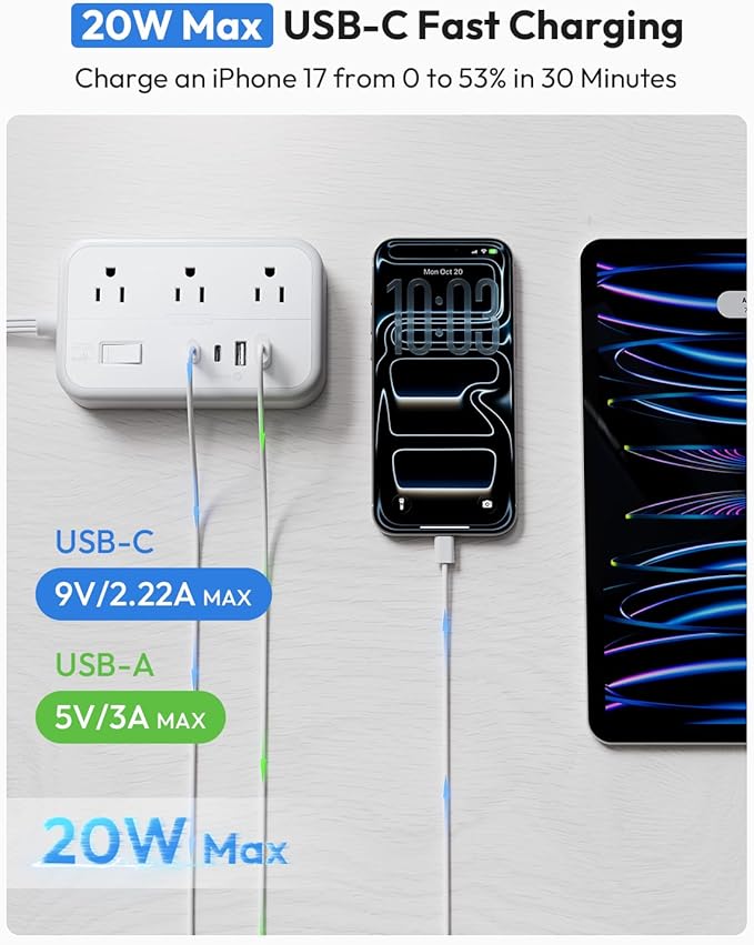 10 ft Flat Extension Cord, Flat Plug Power Strip with 6 Outlets 4 USB Ports, Wall Mounted Outlet Extender, Overload Protection for Indoor, Home, Office Supplies, Dorm Room Essentials