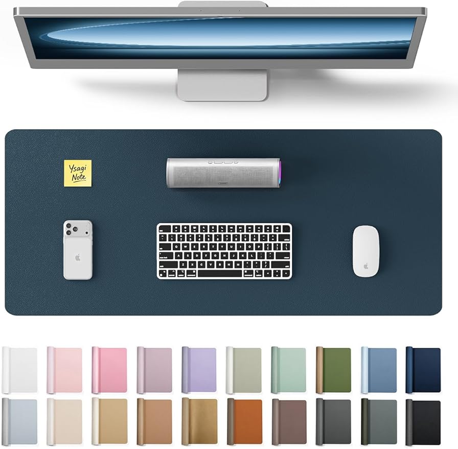 YSAGi Leather Desk Protector, Office Mat, Large Mouse Mat, Non-Slip PU Leather Blotter, Laptop Desk Mat, Waterproof Writing Pad for Office and Home (Dark Blue, 23.6" x 13.8")