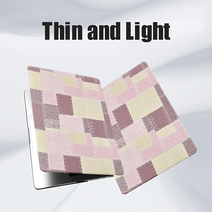 DTangLsm for M5 MacBook Pro 14 inch Case 2026-2021 M4 M3 M2 M1 A3426 A3427 A3434 A3401 A3185 A3112 A2992 A2918 A2779 A2442, Checkered Textured Leather Hard Shell Logo Cutout Case & Keyboard Cover,Pink