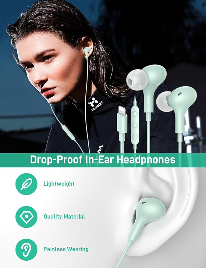 iMangoo for Apple MFi-Certified Headphones for Lightning Wired Earbuds Magnetic Ear Buds with HiFi Bass,3 Ear Tips Mic Corded Earphones for Gym, Commuting for iPhone 14 Plus 13 12 11 Pro Max Mint