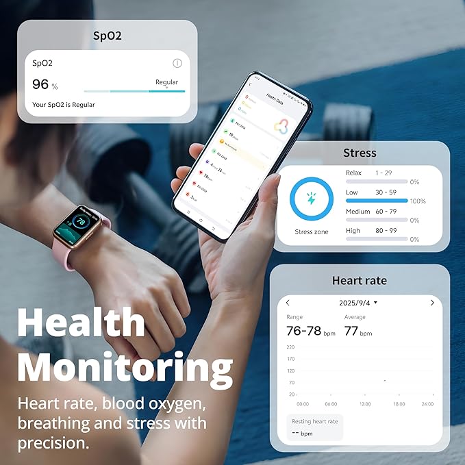 Fitness Tracker for Men & Women, 1.47” HD Smart Band, 24/7 Heart Rate & SpO2 Tracking, Sleep Monitor & Step Counter, 100+ Sports Modes, 3ATM Waterproof, Compatible with Android & iOS, Pink
