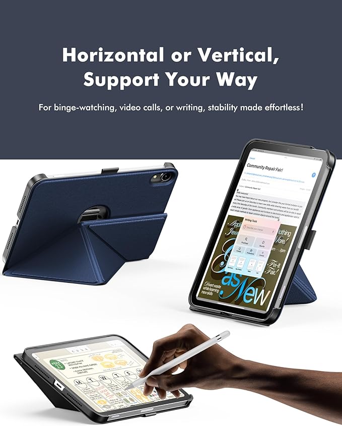 INFILAND Case for iPad mini 7 (A17 Pro) 2024 / iPad mini 6 2021, Magnetic Origami Slim Protective Case, Book-Style Foldable Cover with Pencil Holder, Multi-Angle Stand, Auto Wake/Sleep, Navy