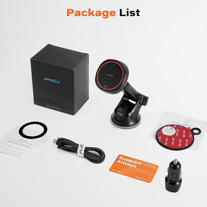 APPS2Car Magnetic Car Phone Mount - Designed Only for MagSafe iPhone 17-12 Series, Orange/Black Data Cable (Random)