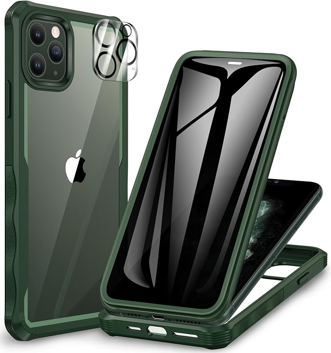 CENHUFO Privacy for iPhone 11 Pro Case, Full Body Phone Case with Built-in 9H Tempered Glass Privacy Screen Protector and Camera Lens Protector, Anti Peep Spy Shockproof Bumper Clear Cover - Green