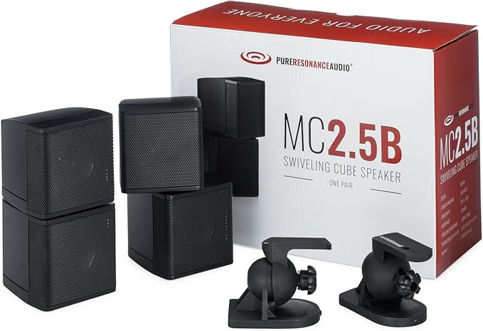 Pure Resonance Audio MC2.5B Mini Cube 2.5 inch Speaker Bundle with Installation Wire - Home Value Pack (4 Pack, Black) (with Brackets & Wire)