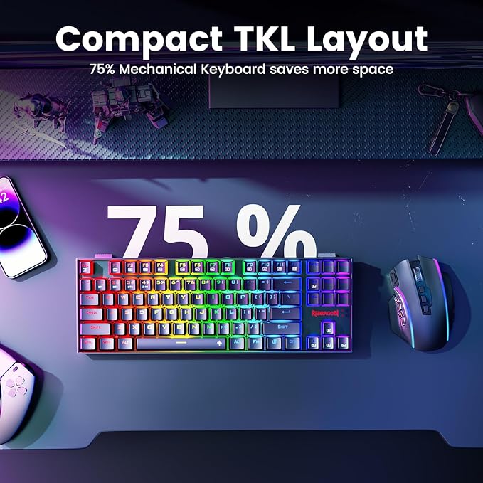 Redragon Wireless Gaming Keyboard, BT/2.4Ghz Tri-Mode Mechanical Keyboard, buit-in Battery, Programmable 87 Keys TKL, LED Rainbow Backlit - K552-KRS