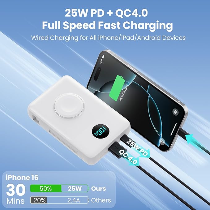 Magnetic Portable Charger for MagSafe with Built-in Cable, iWatch Charger, 10800mAh Wireless Power Bank Travel Essentials, 25W PD Fast Charging Battery Pack for iPhone 17/16/15/14/13,Apple Watch-White
