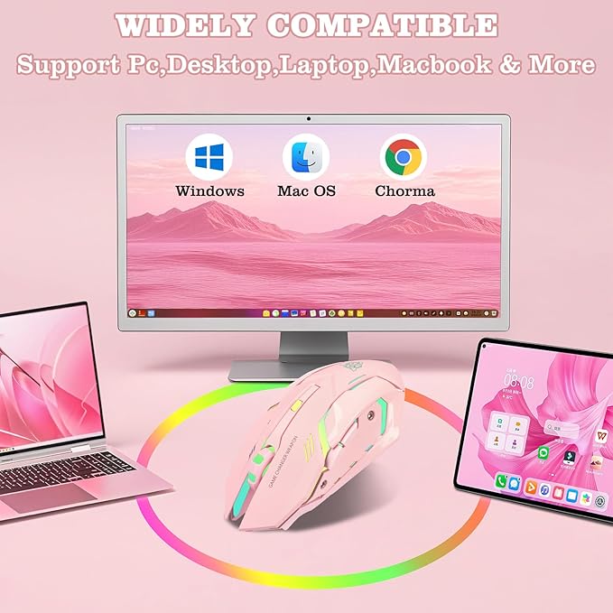 Wireless Gaming Mouse, Rechargeable Wireless Computer Mouse with Type-C Fast Charging, Ergonomic Mouse with 3 Adjustable DPI, 6 Silent Buttons, LED Light, Long Battery Life for Laptop, PC, Mac (Pink)