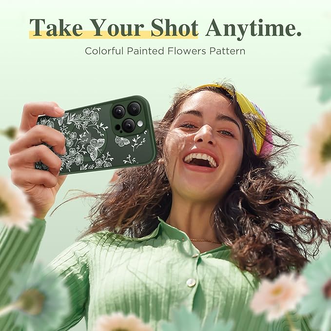 GVIEWIN for iPhone 16 Pro Max Case Compatible with MagSafe, [Military Grade Protection] [Screen Protector] Full Camera Protection Floral Translucent Women Magnetic Phone Case, Tuberose/Forest Green