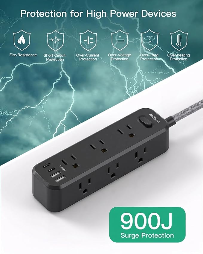 15FT Long Extension Cord with Surge Protector, 13-in-1 Power Strip with 9 Wide Spaced Outlets and 4 USB Ports, Flat Plug Wall Mount Charging Station for College Dorm Room Essentials, Office, Black