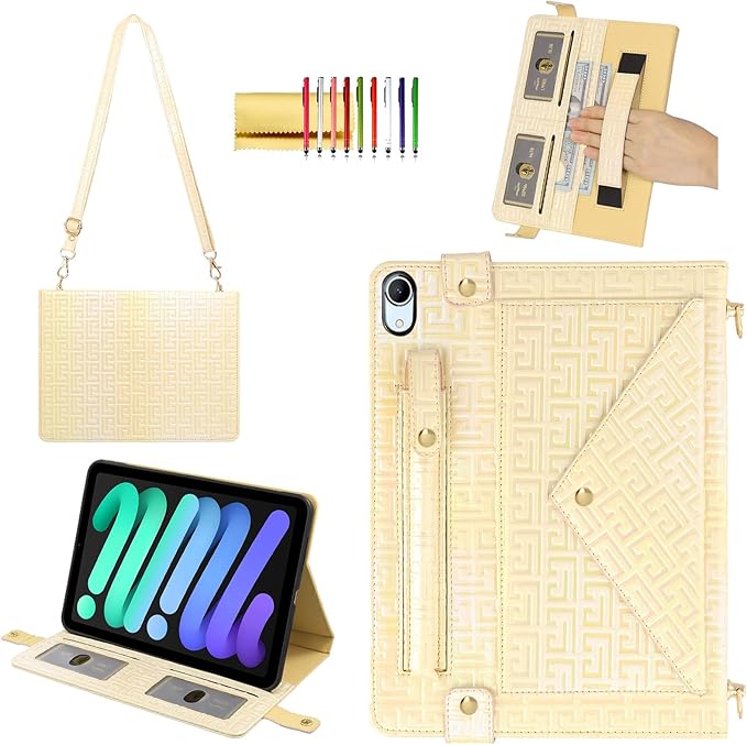 Shiny Case for iPad mini 7 2024/Mini 6th Gen Handbag Case, Techcircle Iridescent PU Leather Folio Envelope Pocket Stand Cover with Hand Strap+Shoulder Strap+Pencil Holder+Card Slots, Shiny Yellow