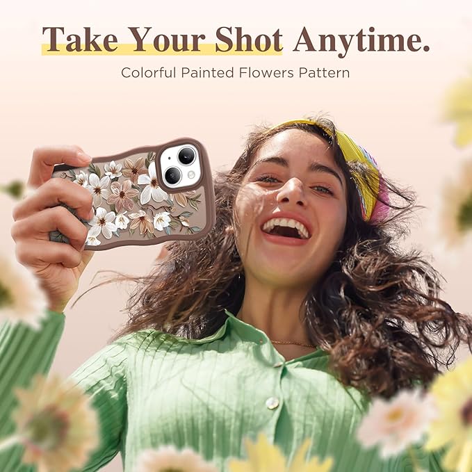GVIEWIN Cute for iPhone 14 Case & iPhone 13 Case [Compatible with MagSafe] [Curly Wave Edge] Floral Translucent Magnetic Shockproof Protective Phone Cover for iPhone 14/13 6.1'', Dogwood/Brown