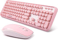 Pink Keyboard and Mouse Wireless, Cute Typewriter Style Round Key Keyboard, 2.4GHz Full Size Aesthetic Retro Bubble Creamy Keyboard and Mouse Set for Long Nails PC Laptop Desktop Computer