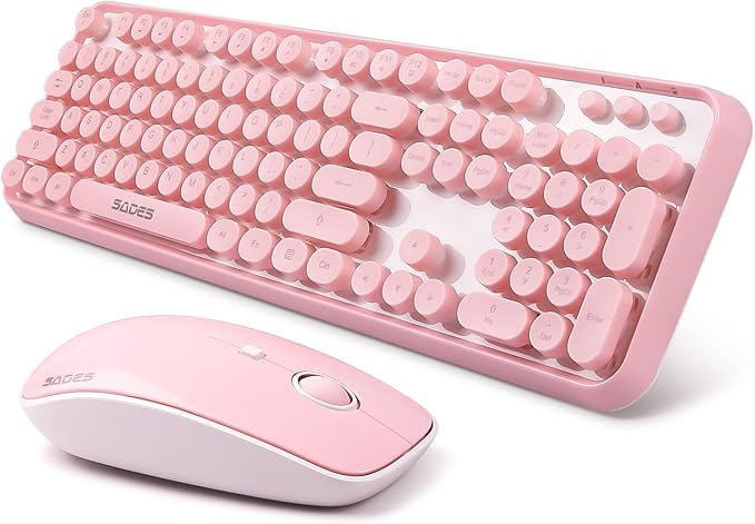 Pink Keyboard and Mouse Wireless, Cute Typewriter Style Round Key Keyboard, 2.4GHz Full Size Aesthetic Retro Bubble Creamy Keyboard and Mouse Set for Long Nails PC Laptop Desktop Computer