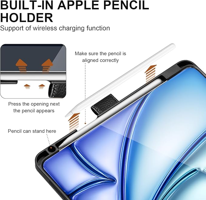 Genuine Leather Case for iPad Air 11" M4 2026/M3 2025/M2 2024, 5th/4th Gen 10.9" | with Pencil Holder and Adjustable Stand, Magnetic Closure, Auto Wake/Sleep Cover | Black