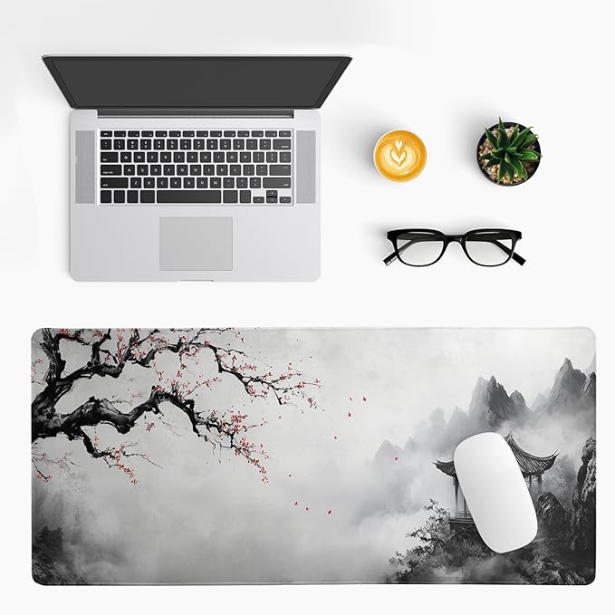 Watercolor Cherry Blossom Mouse Pad 31.5x11.8 Inch Full Desk Japanese Mousepad Large Non-Slip Rubber Base Waterproof Keyboard Mat with Stitched Edges for Gaming （Cherry Blossom Watercolor 1）