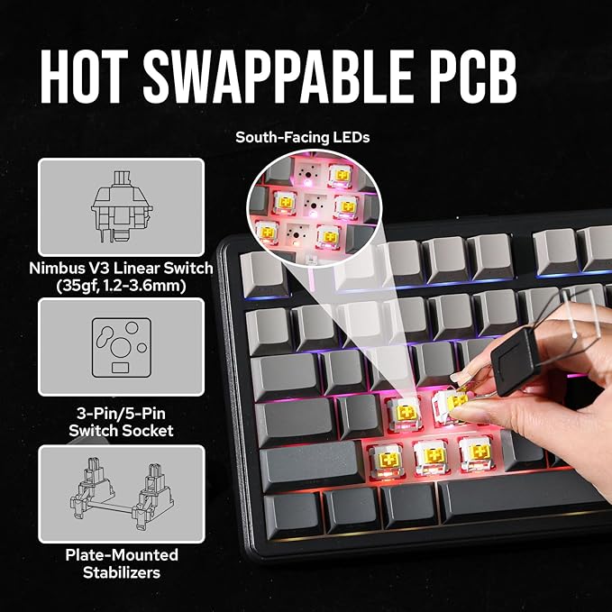 MechLands Aula F99 PRO 96% Mechanical Gaming Keyboard, BT5.0/USB-C/2.4GHz Wireless, Hot Swappable Gasket Custom Keyboard with 8000mAH Battery, Rotary Knob, RGB Backlit for Win/Mac (Grey)