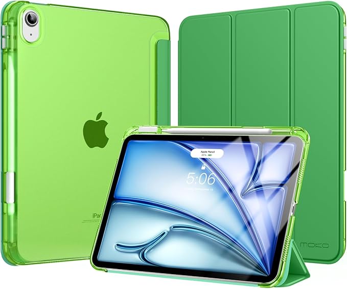 MoKo for iPad Air 11 inch Case (M4/M3/M2) 2026/2025/2024, iPad Air 5th/4th Gen 10.9 inch Case 2022/2020 with Pencil Holder, Slim Light Trifold Cover with Hard PC Translucent Back Shell, Forest Green