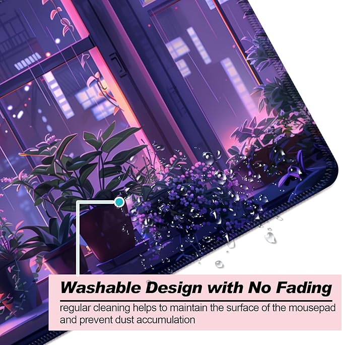 Japanese Anime Cute Cat and Plant Gaming Desk Mat, Computer Keyboard Large Extended Kawaii Animal Mouse Pad for Office and Home, 31.5×11.8 Inches, XL, Purple