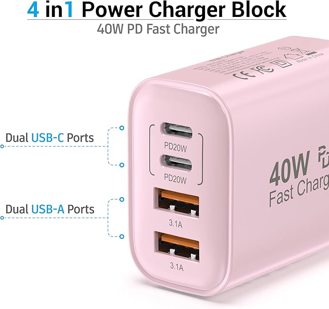 TT&C 40W USB C Charger Block, 4-Port Fast Charging Block (2 USB-C + 2 USB-A), Compact Multi-Device Wall Plug Adapter for iPhone 17,16,15,14, Pro Max, Samsung Galaxy S24/S23, Travel & Home (Pink 1Pack)