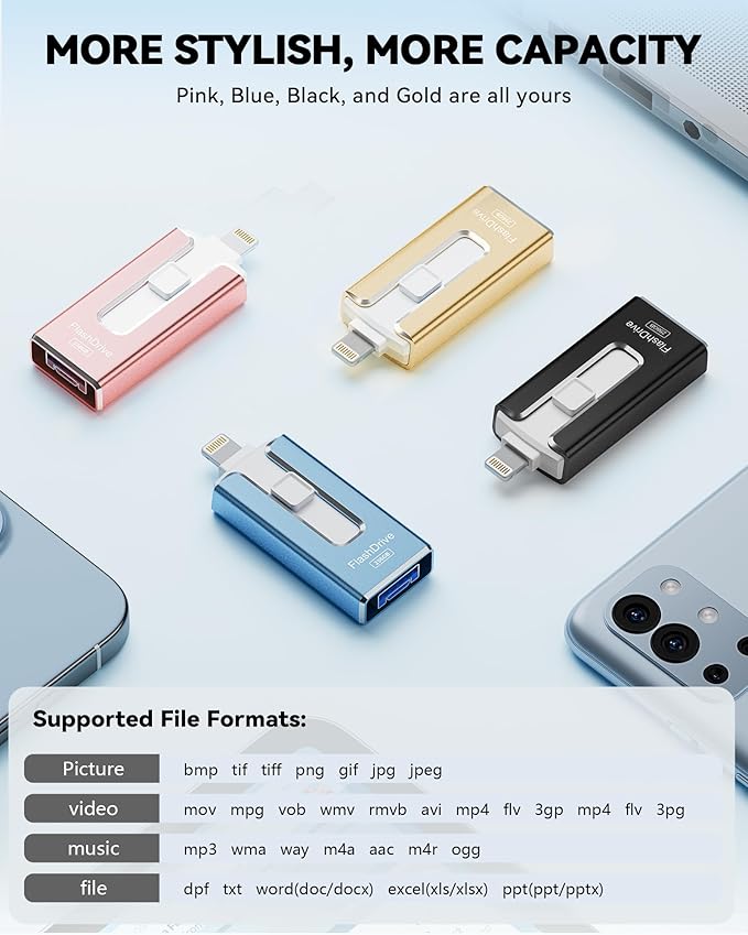 MFi Certified Flash Drive for iPhone iPad 256GB, Photo Stick for External Memory Storage, Easily Back Up and Save Photos Videos, USB Memory Stick Thumb Drive for iPhone/iPad/Android/PC (Black)