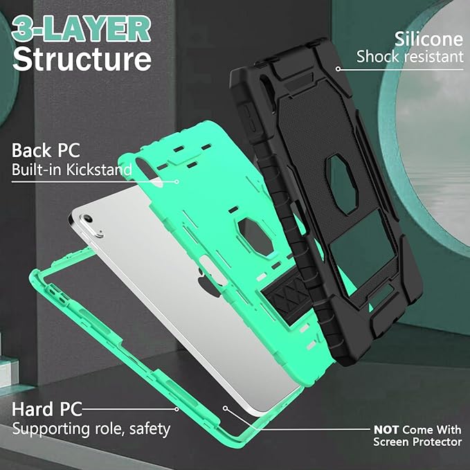 ZoneFoker Case for iPad (A16) 11th/10th Generation 11/10.9 inch 2025/2022, Heavy Duty Military Grade Shockproof Rugged Cover with Pencil Holder/Stand for i Pad 11th / 10 th Gen(Black+Teal)
