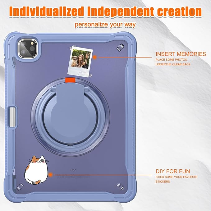 Batianda for iPad Pro 11 inch Case 2025 M5 2024 M4 Chip Dual-Layer Protective Tablet Cover, Durable Shock-Absorbing Corners with 360° Rotating Kickstand Ring Built-in Pen Slot, Lavender Grey
