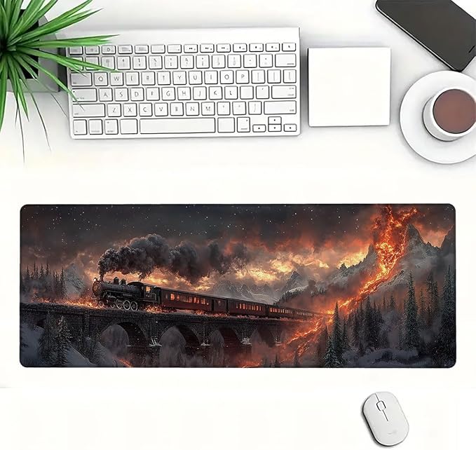 Train Mouse Pad Large Snow Mountain Lava Flow Ancient Bridge Large Mousepad Extended Laptop Keyboard Mat Gaming Desk Pad Mouse Mat Compatible with Computer, Laptop, and Keyboard 31.5x11.8 Inch