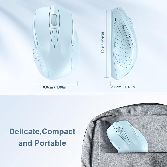 TECKNET Wireless Mouse, 2.4G Ergonomic Optical Mouse, Computer Mouse for Laptop, PC, Computer, Chromebook, Notebook, 6 Buttons, 24 Months Battery Life, 2600 DPI, 5 Adjustment Levels - Lightblue