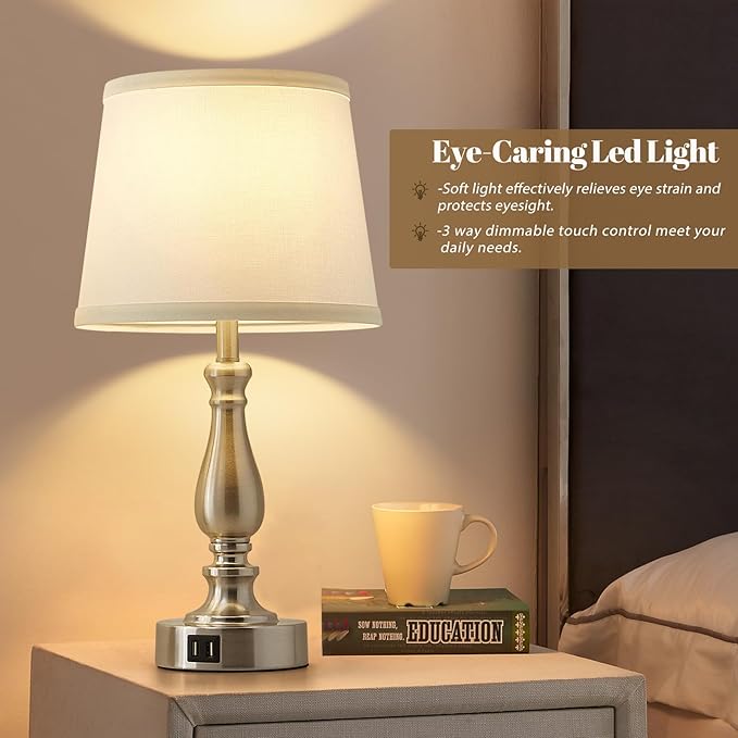 EJIAXIN Table Lamps for Bedrooms Set of 2 - Touch Bedside Lamps with USB C+A Ports,Dimmable White Nightstand Lamps for End Tables, Farmhouse Night Stand Lamps for Living Room Bed Side Guest Room