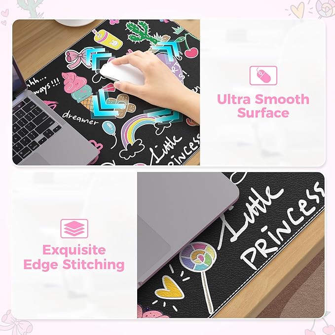 HAOCOO Kawaii Large Desk Cover Mat, 35.4x15.7 Cute Mouse Pad for Women Office Accessories, Leather Desk Mat for Keyboard and Mouse for Kids, Stitched Edges Desk Protector Dorm Decor