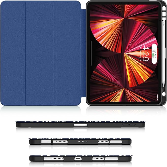 Soke for iPad Pro 11 Case (M2) 2022/2021/2020 with Pencil Holder - [Full Body Protection + Apple Pencil Charging + Auto Wake/Sleep], Soft TPU Back Cover for 2022 iPad Pro 11 inch(B-Book Navy)
