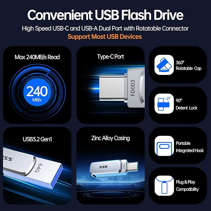 SSK 64GB Dual USB Flash Drive USB C Thumb Drive, up to 240 MB/s Type-C and USB-A 3.2 FlashDrive Memory Stick, Zinc Pendrive for iPhone 15/16Pro/Win/Android OTG with Water, Dust, and Drop Resistance