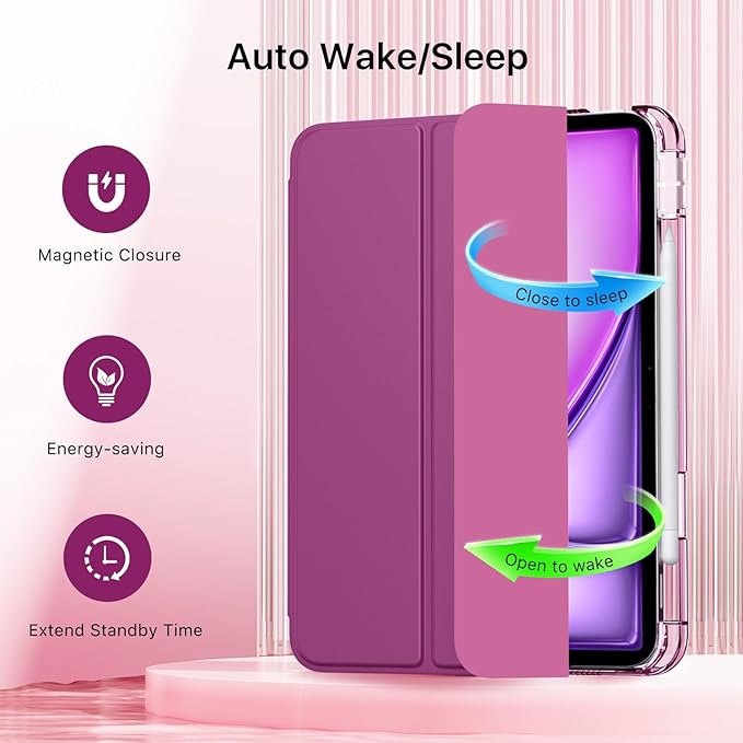 MoKo for iPad Air 11 inch Case (M4/M3/M2) 2026/2025/2024, iPad Air 5th/4th Gen 10.9 inch Case 2022/2020 with Pencil Holder, Slim Light Trifold Cover with Hard PC Translucent Back Shell, Fuchsia
