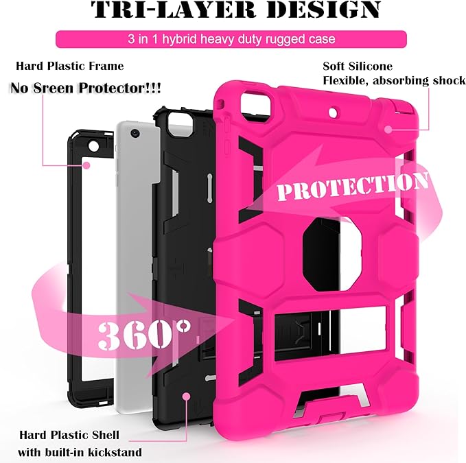 CCMAO iPad 6th Generation Cases, iPad 5th Generation Case, iPad 9.7 Case, iPad Air 2 Case, Hybrid Shockproof Rugged Drop Protection Case Built with Kickstand, Pink+Black