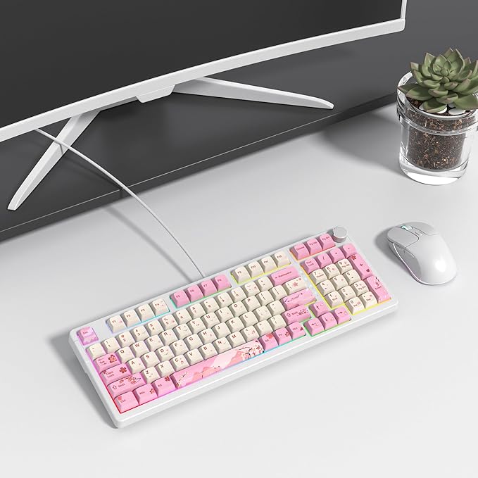 Wired Creamy Gaming Keyboard with Number Pad, 96% Hot-swappable Mechanical Keyboard, Full Layout Custom Key Board Gasket Mounted with Red Switch Knob Control(Pink)