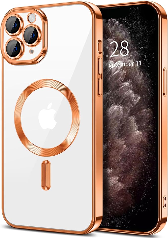 Hython Magnetic Clear for iPhone 11 Pro Max Case with Camera Lens Protector [Compatible with MagSafe] Plating Edge Slim Soft TPU Cover Protective Phone Case for iPhone 11 Pro Max 6.5", Orange