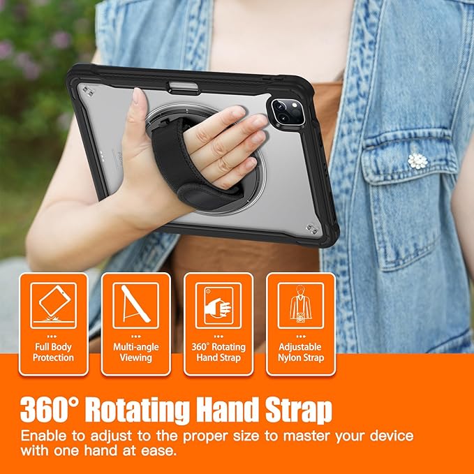 Batianda Case for iPad Pro 11-inch 2022 4th M2 Chip /2021 (3rd Generation) Heavy Duty Rugged Shockproof Tablet Cover with 360° Rotating Hand Strap Foldable Hidden Stand & Shoulder Strap, Black