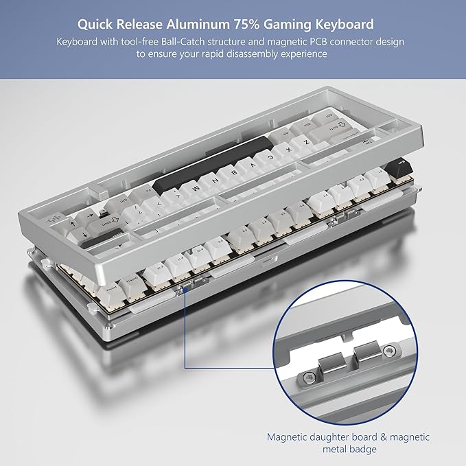 Womier RD75 Pro 75% Wireless Gaming Keyboard, Quick Release Aluminum Keyboard, QMK/VIA Tri-Mode Mechanical Key Board Custom Hot Swappable with RGB Creamy for Windows/Mac/PC - Silver