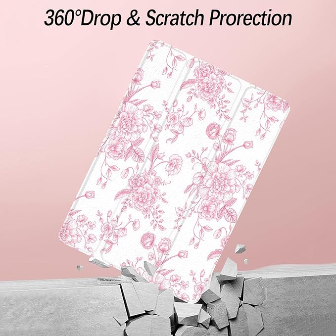 Case for iPad Pro 11 inch 4th/ 3rd/ 2nd / 1st Generation (2022/2021/2020/2018), Case with Pencil Holder, Clear Back Cover Cute Cool Design for Women Girls, Auto Sleep/Wake, Artistic Flower